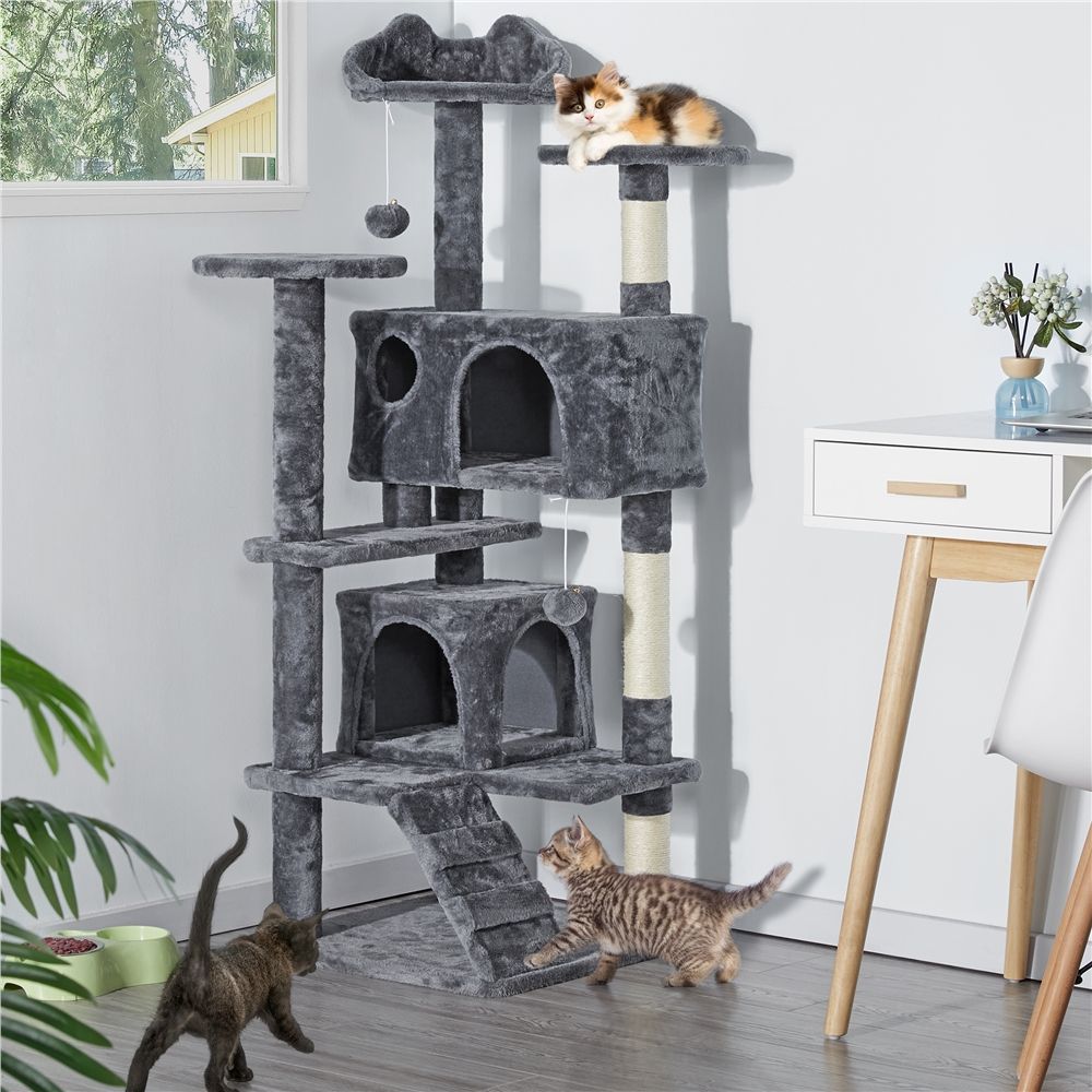 Cat Tree 54in Cat Tower with 2 Condos &amp; 2 Dangling Balls &amp; 3 Scratching Posts Large Cat House for Kittens &amp; Cats Easy To Clean