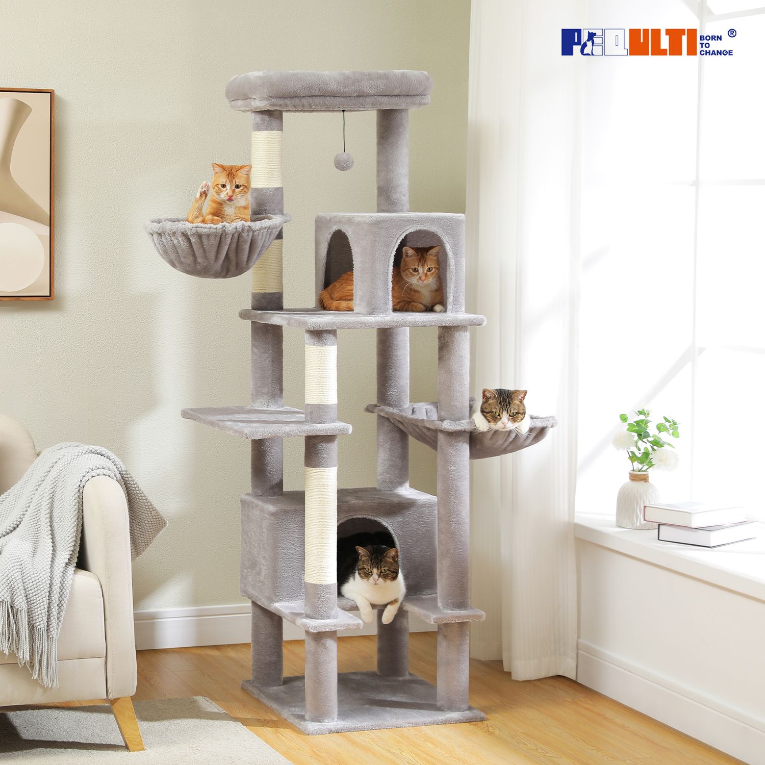 Cat Tree for Indoor Cats Large Adult, Cat Tower with Sisal-Covered Scratching Post, Super Large Metal Hammock and 2 Big Condos