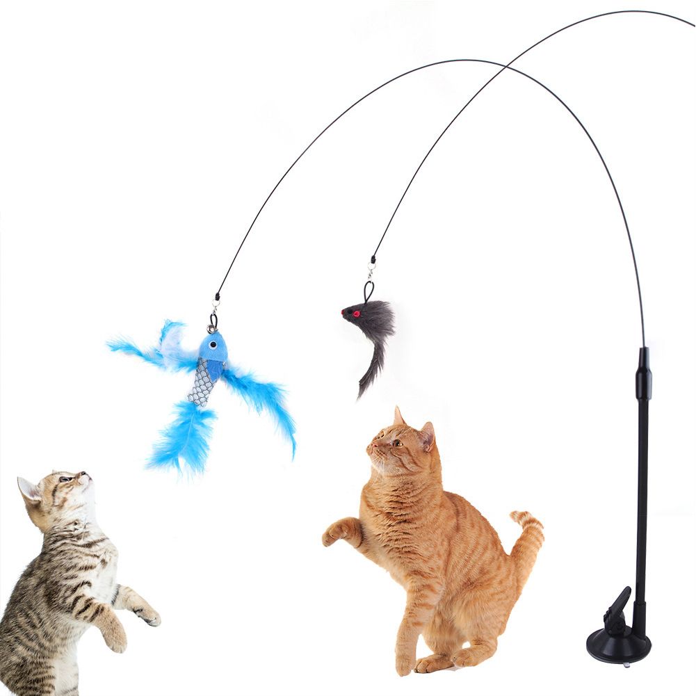 Handfree Bird/Feather Cat Wand with Bell Powerful Suction Cup Interactive Toys for Cats Kitten Hunting Exercise Pet Products