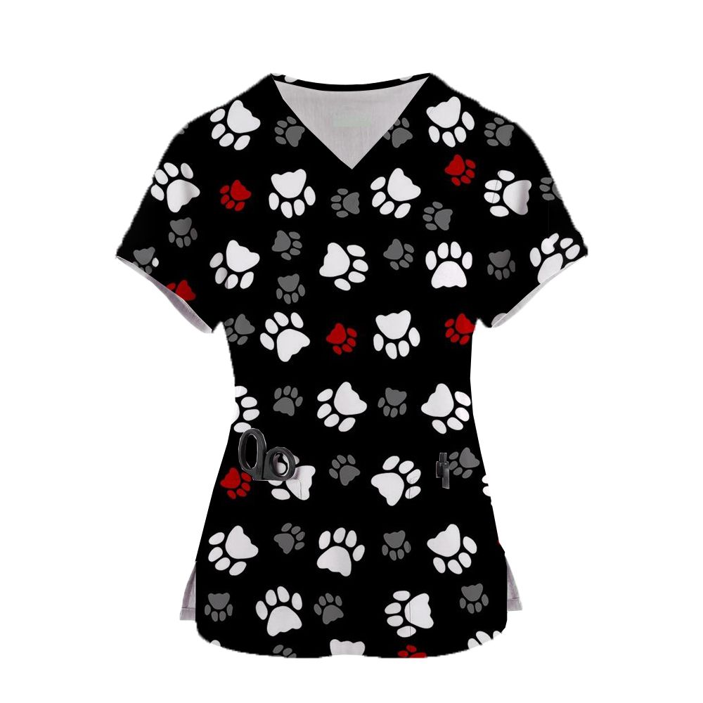 Pet paw print frosted top women&#39;s pocket V-neck frosted uniform pet beauty nurse spa care shirt uniform
