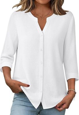 Women's round-neck pure cotton linen three-quarter sleeve blouse