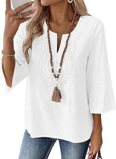 Womens 3/4 Sleeve Tops Cotton Linen Shirts