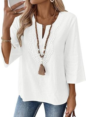 Womens 3/4 Sleeve Tops Cotton Linen Shirts