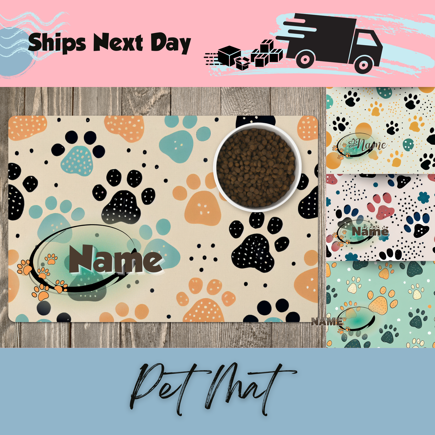 Personalized Pet Mat for Food Dishes or Litter Box - Style 5