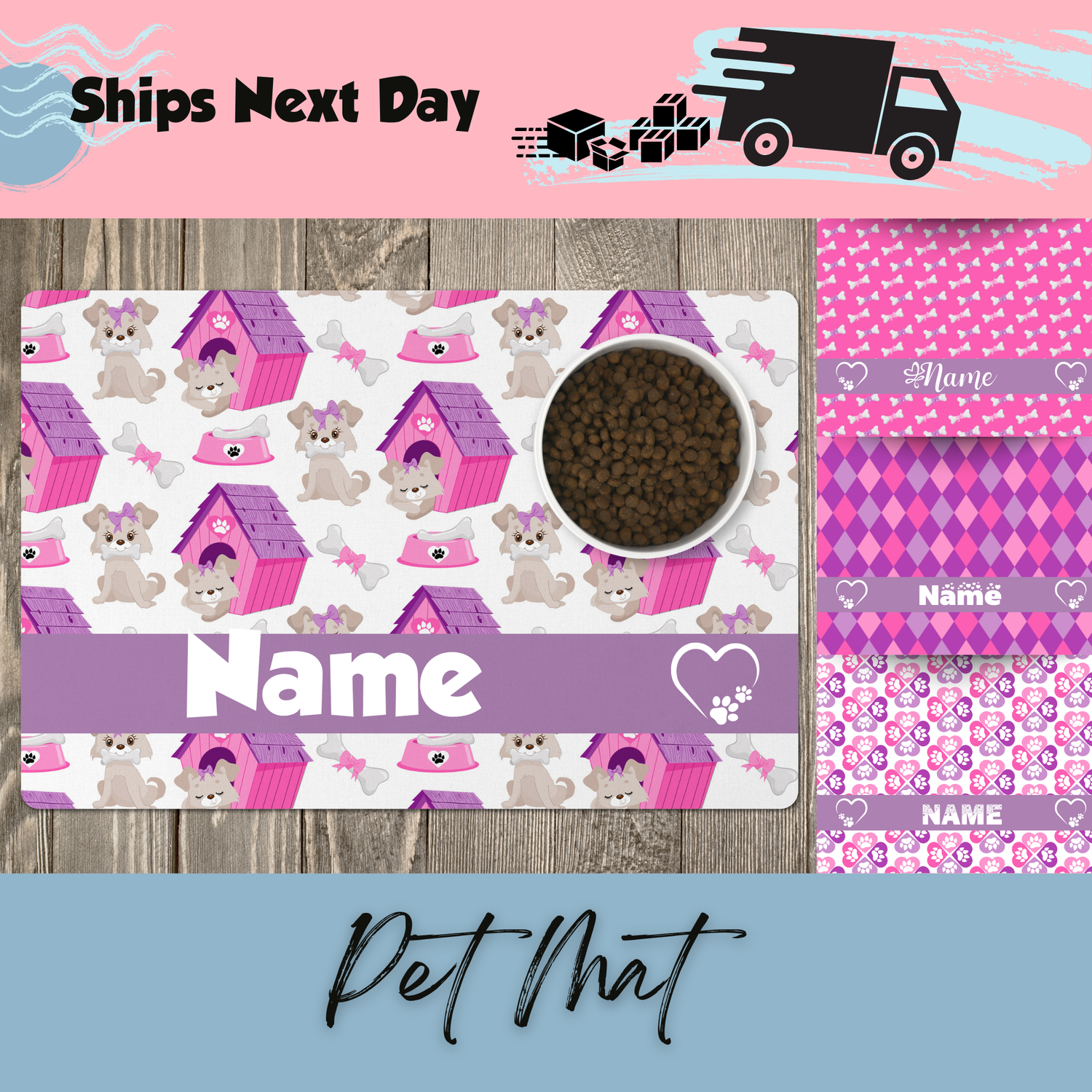 Personalized Pet Mat for Food Dishes or Litter Box - Style 9
