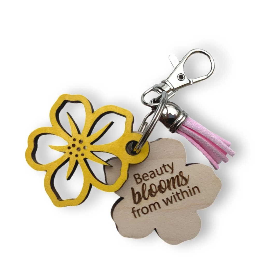 Custom Floral Wooden Keychains – Motivational Double-Layer