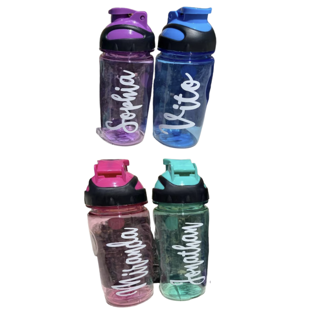 Personalized 14 oz Flip-Top Plastic Water Bottles, Custom Name Design, Color-Changing Vinyl,