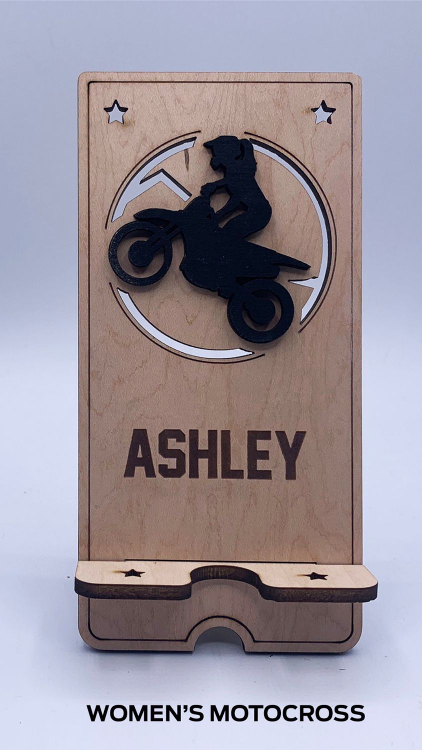 Custom Wooden Cell Phone Stand – Motocross Edition