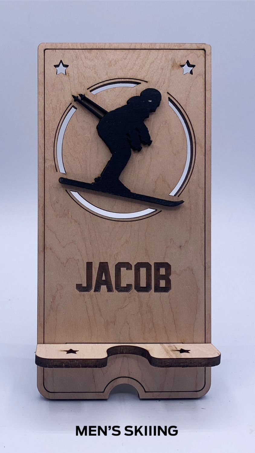 Custom Wooden Cell Phone Stand – Skiing  Edition