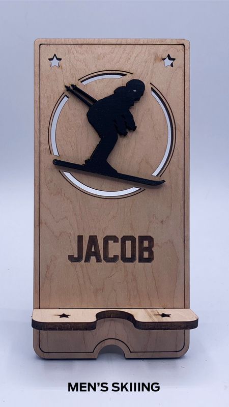 Custom Wooden Cell Phone Stand – Skiing  Edition