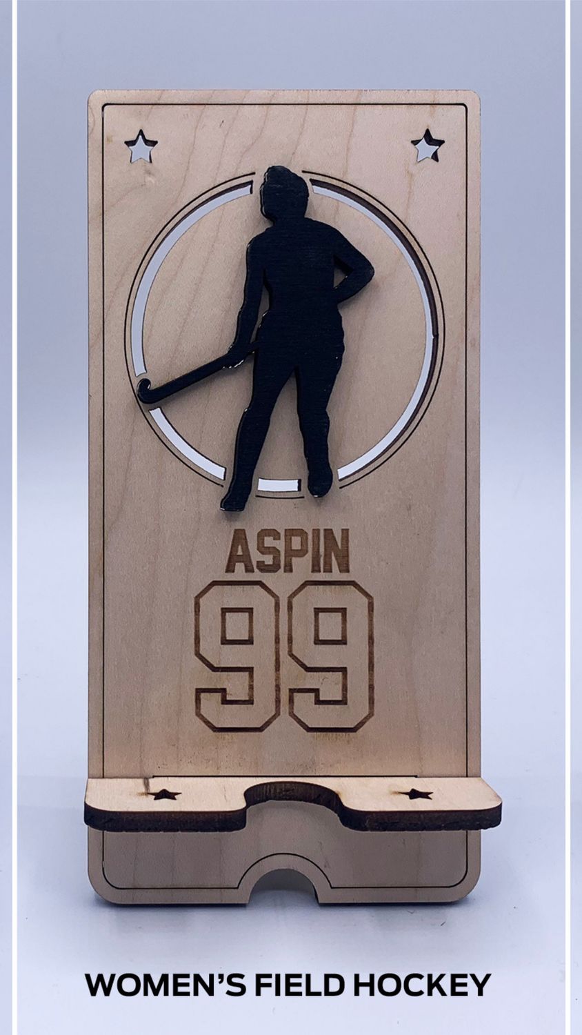 Custom Wooden Cell Phone Stand – Field Hockey Edition