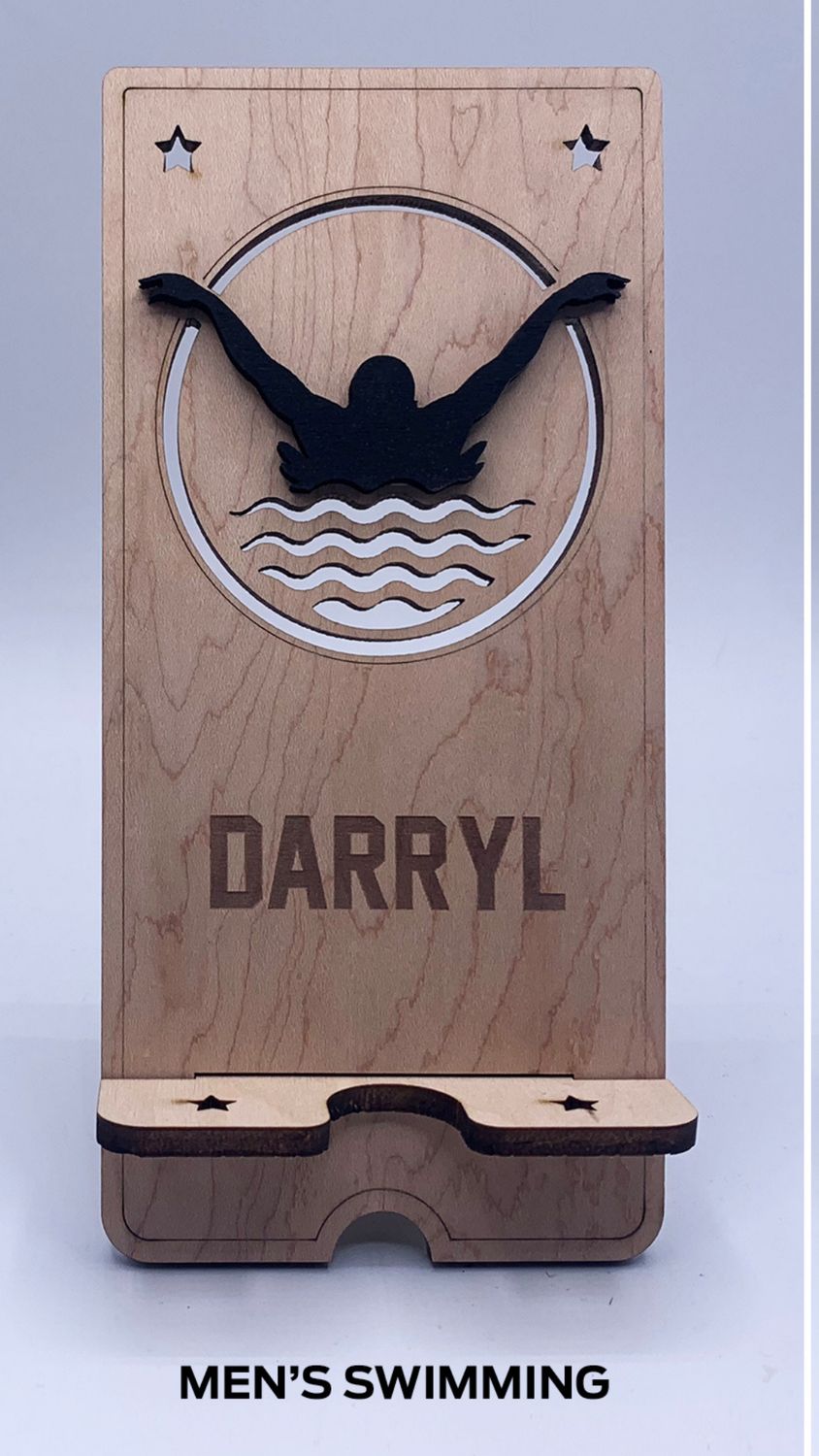 Custom Wooden Cell Phone Stand – Swimming Edition