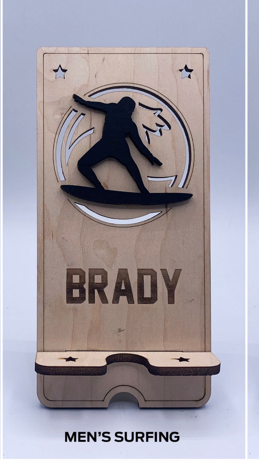 Custom Wooden Cell Phone Stand – Surfing Edition