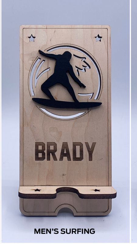 Custom Wooden Cell Phone Stand – Surfing Edition