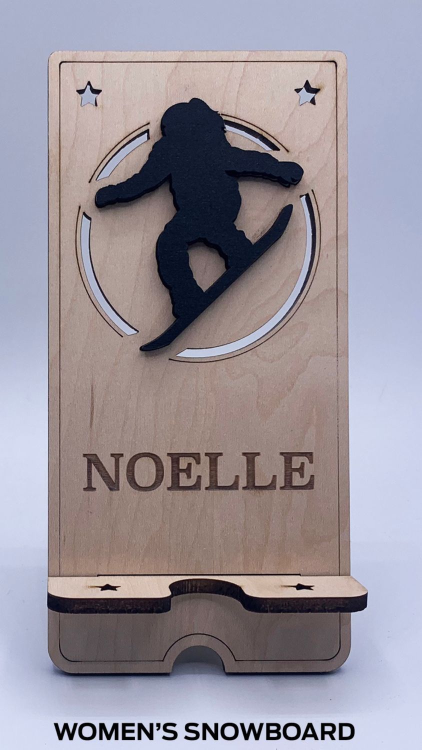 Custom Wooden Cell Phone Stand – Snowboard Edition