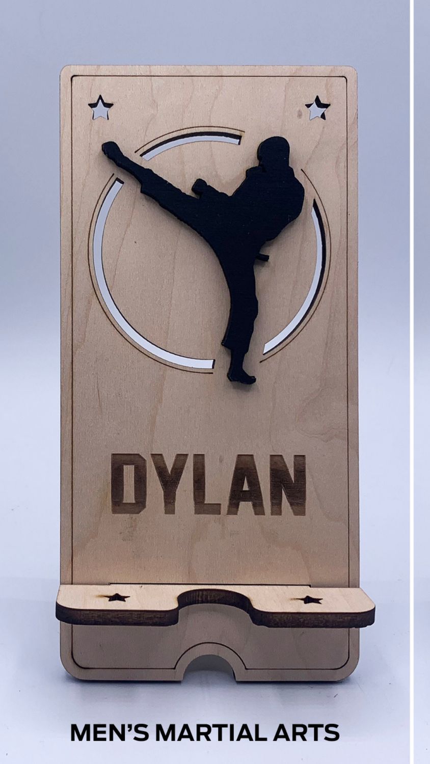 Custom Wooden Cell Phone Stand – Martial Arts Edition