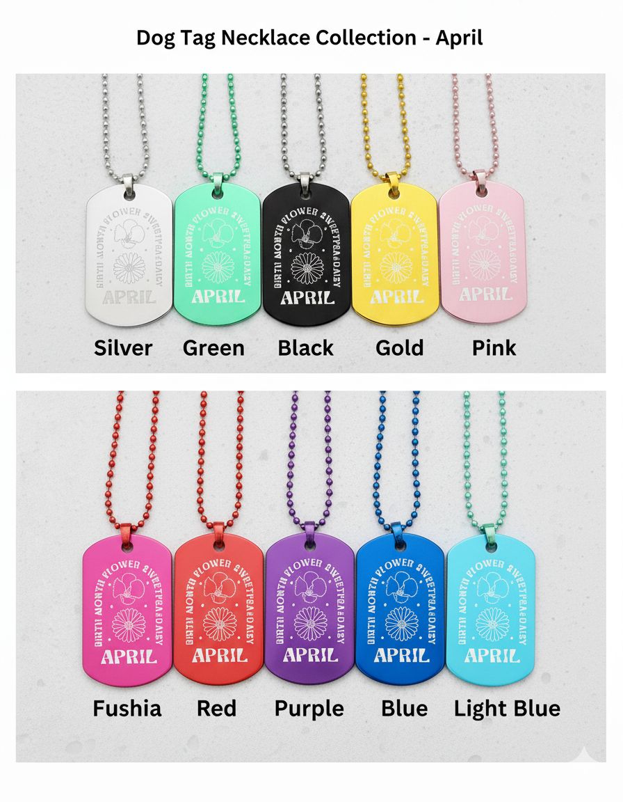 Engraved April Flower Military Dog Tag Necklace