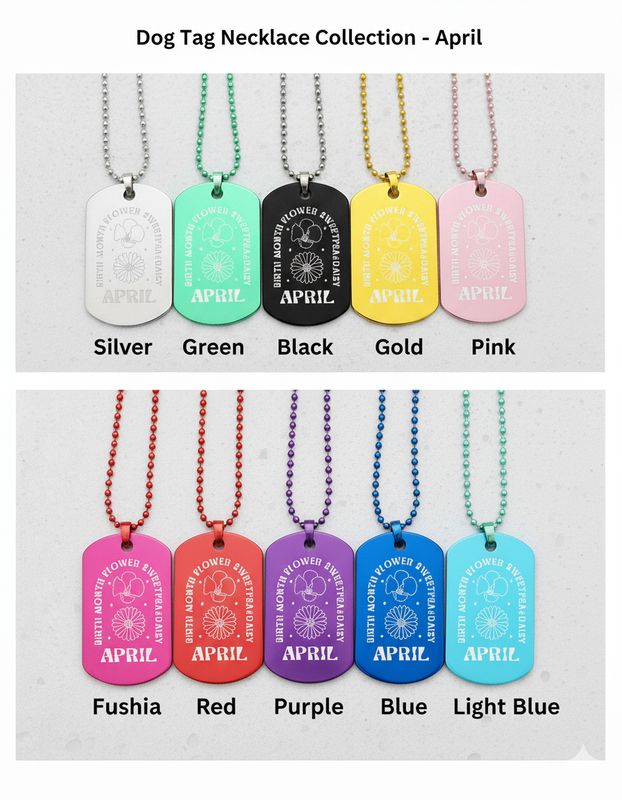 Engraved April Flower Military Dog Tag Necklace