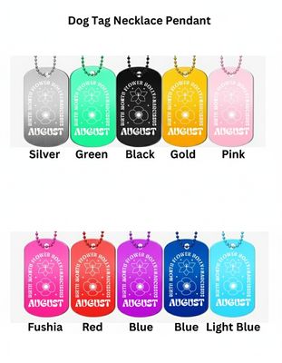 Engraved August Flower Military Dog Tag Necklace