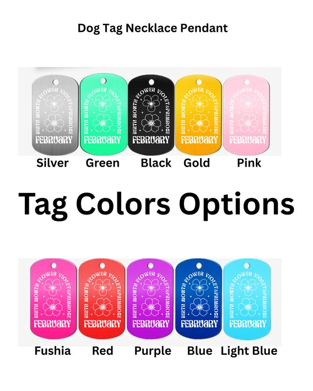Engraved February Flower Military Dog Tag Necklace