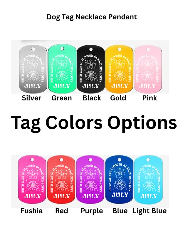 Engraved July Flower Military Dog Tag Necklace