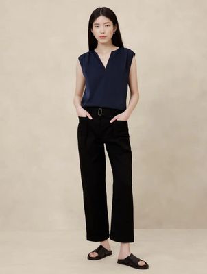 Blusa Desmangada de Satin- Azul Marino