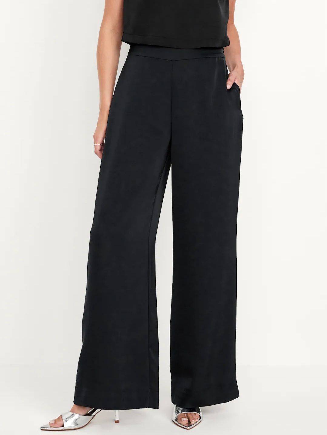 Pantalon de Satin Tipo Wide Leg- Negro