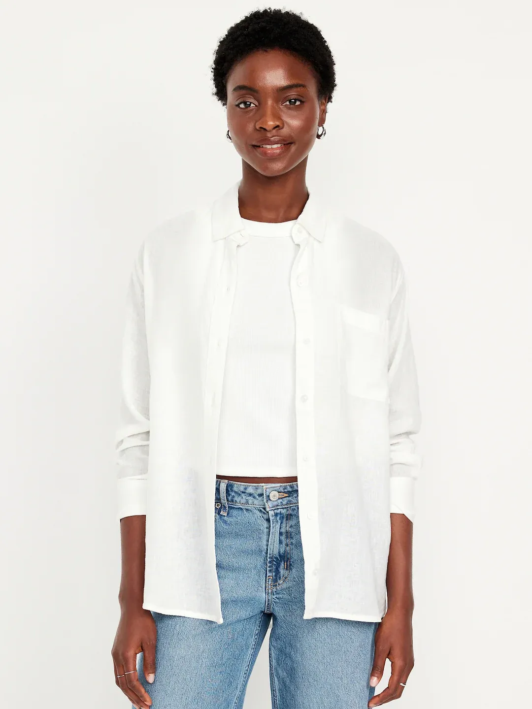 Camisa holgada de mezcla de lino con botones Blanca