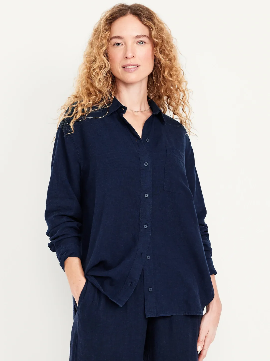 Camisa holgada de mezcla de lino con botones Azul Marino