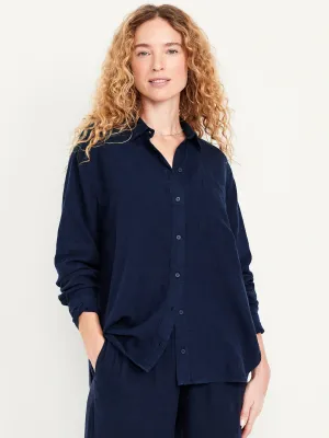 Camisa holgada de mezcla de lino con botones Azul Marino