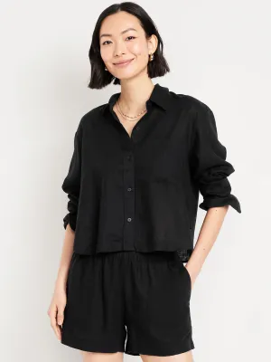 ​Camisa corta de lino con botones Negro