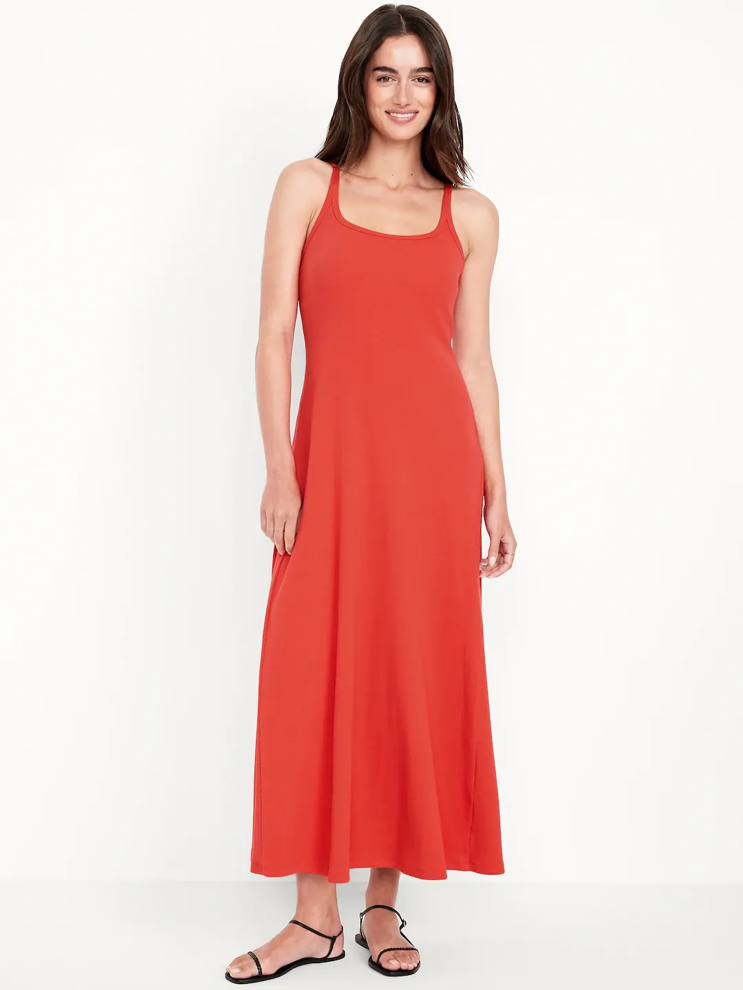 Vestido Maxi Largo Acanalado Sin Mangas- Naranja