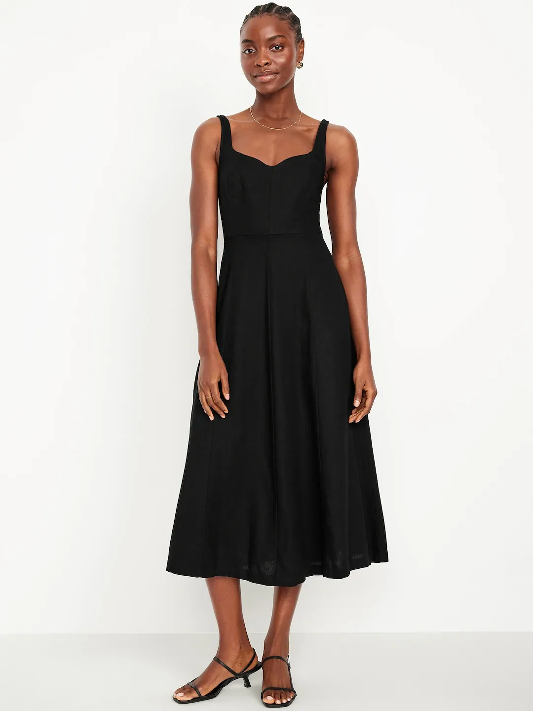 Vestido midi entallado de mezcla de lino Negro