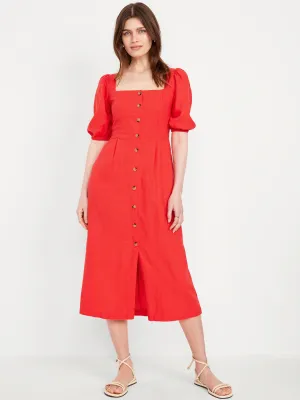 Vestido midi de mezcla de lino con botones Naranja Coral