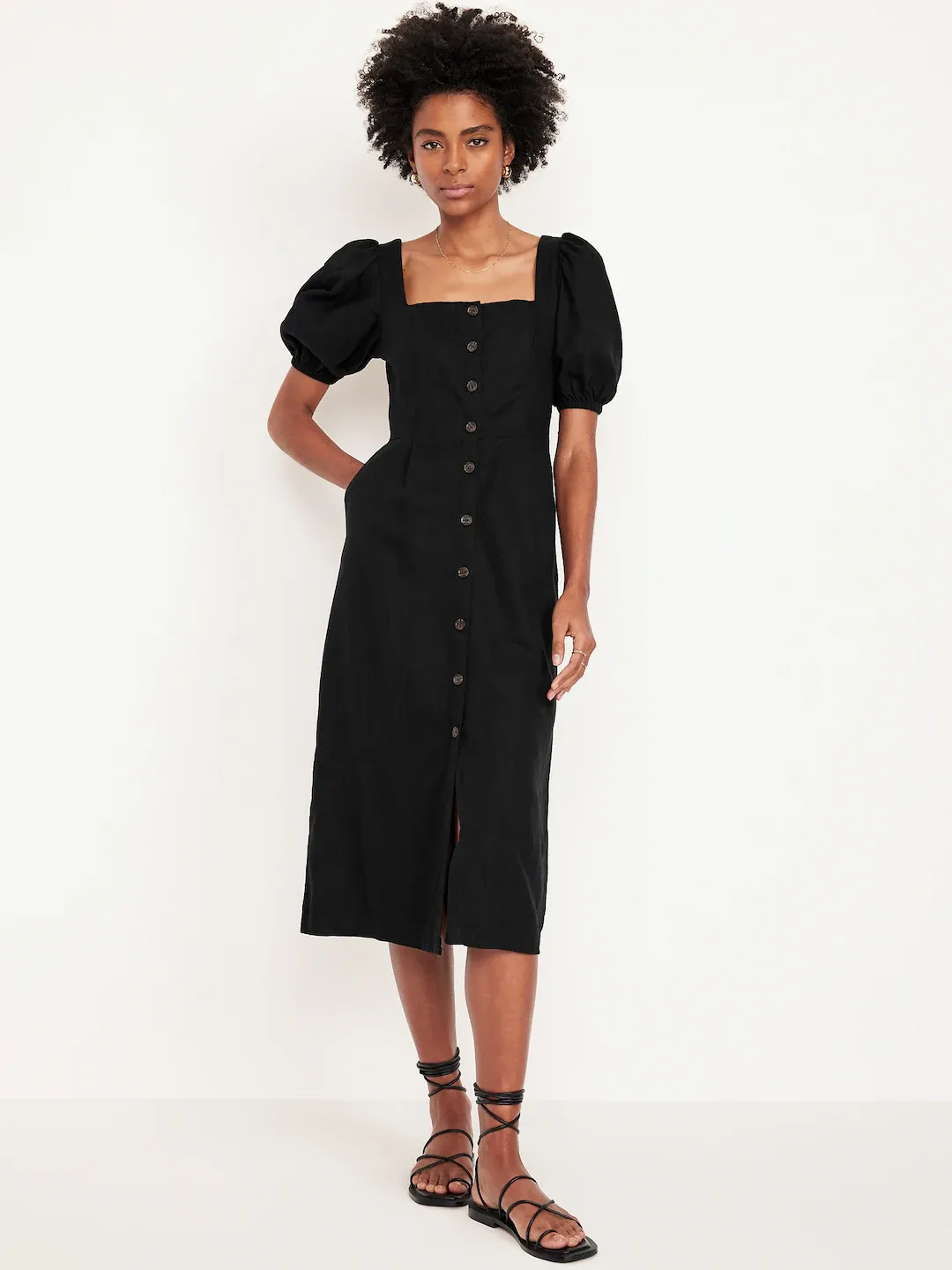 Vestido midi de mezcla de lino con botones Negro