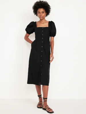 Vestido midi de mezcla de lino con botones Negro