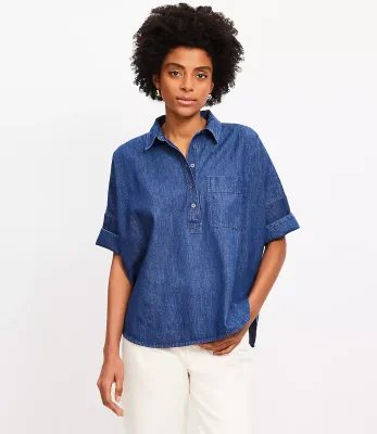 Camisa túnica de denim estilo Henley Dolman para uso diario