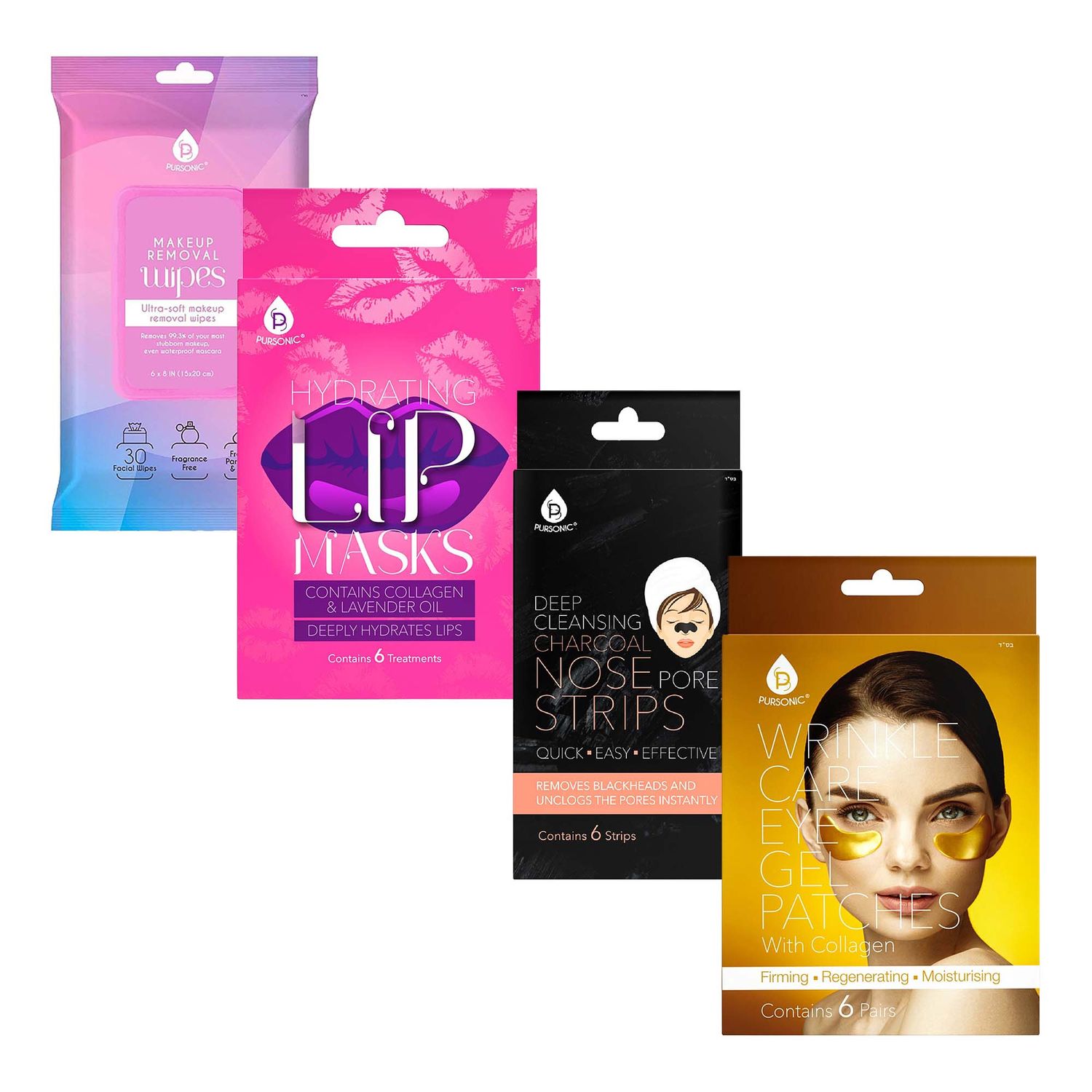 Pursonic Radiant Skin &amp; Lip Care Bundle – Makeup Removal Wipes, Wrinkle Care Eye Gel Patches, Hydrating Lip Masks, &amp; Deep Cleansing Charcoal Nose Strips