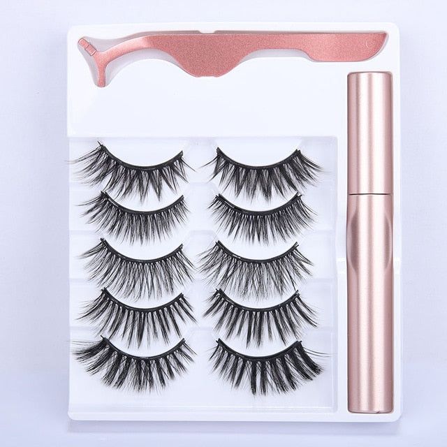5 Pairs Magnetic Eyelashs Set Magnet Liquid Eyeliner &amp; Magnetic Lashes &amp; Tweezer Set Waterproof Long Lasting Faux Cils