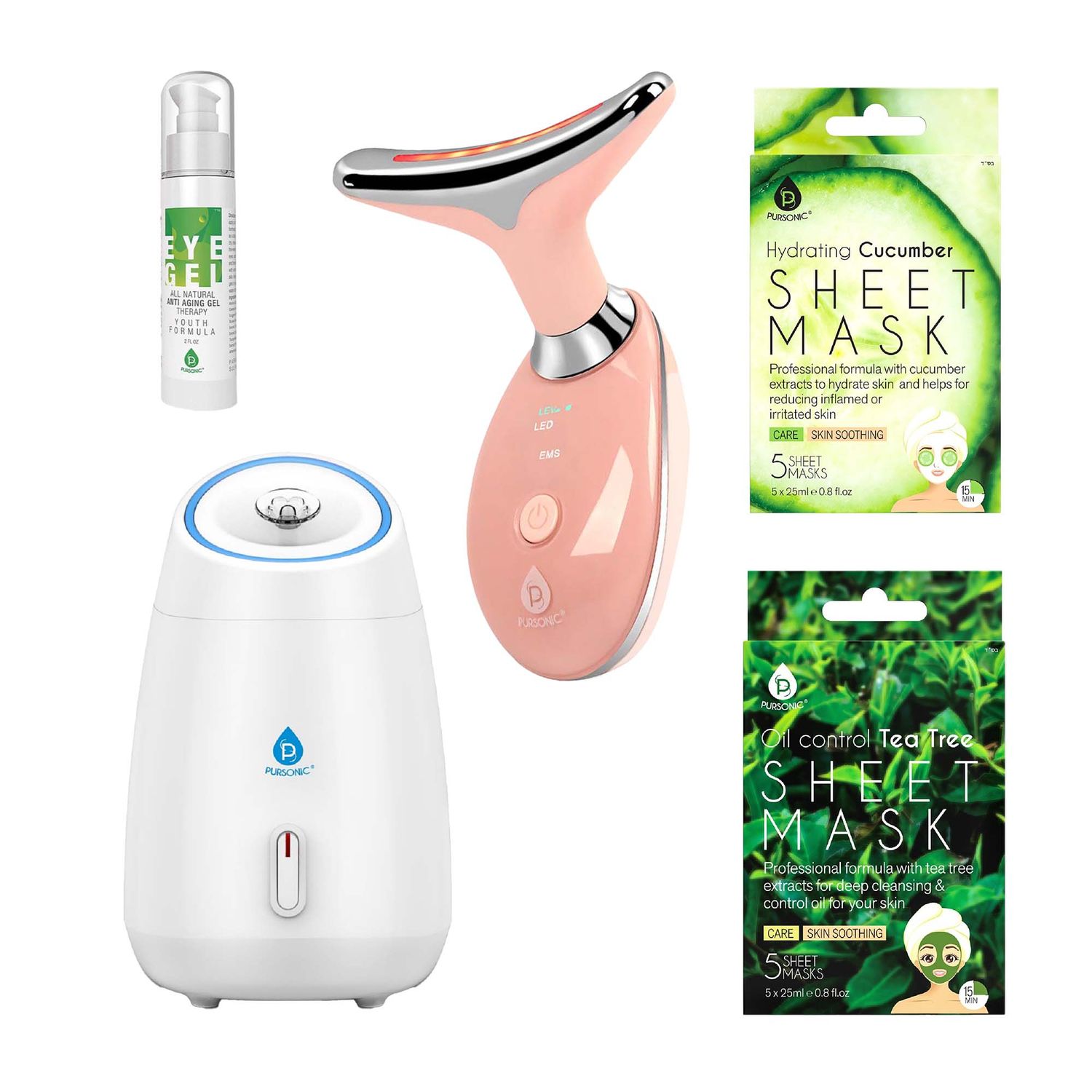 🌟 Pursonic Ultimate Glow &amp; Rejuvenation Bundle: 7-in-1 LED Therapy, Facial Steamer, Anti-Aging Eye Gel, and Sheet Masks 🌟