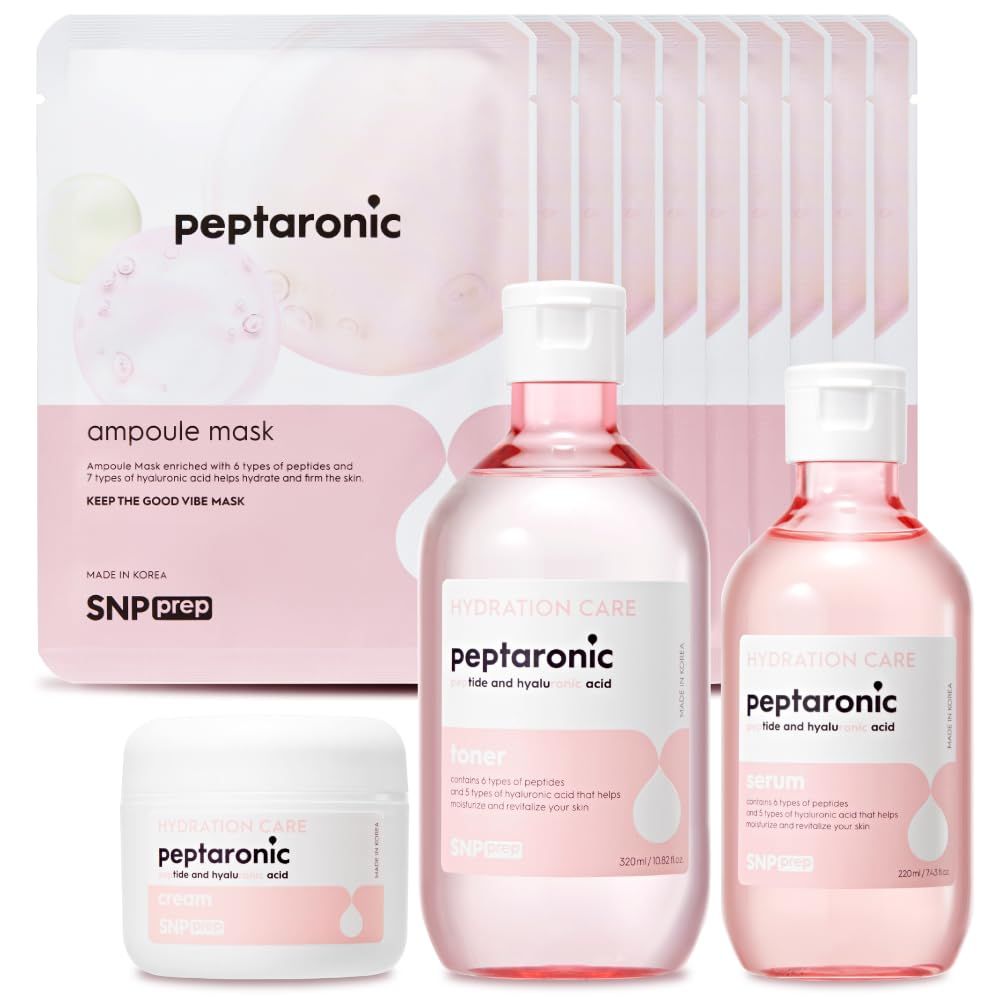 6 Peptides + 5 Hyaluronic Acid Skincare Set | 4-in-1 Kit of Toner, Serum, Cream &amp; Sheet Masks | Moisturizing, Firming &amp; Hydrating | Korean Skincare Set for Dry &amp; Sensitive Skin | Peptaronic | Snp