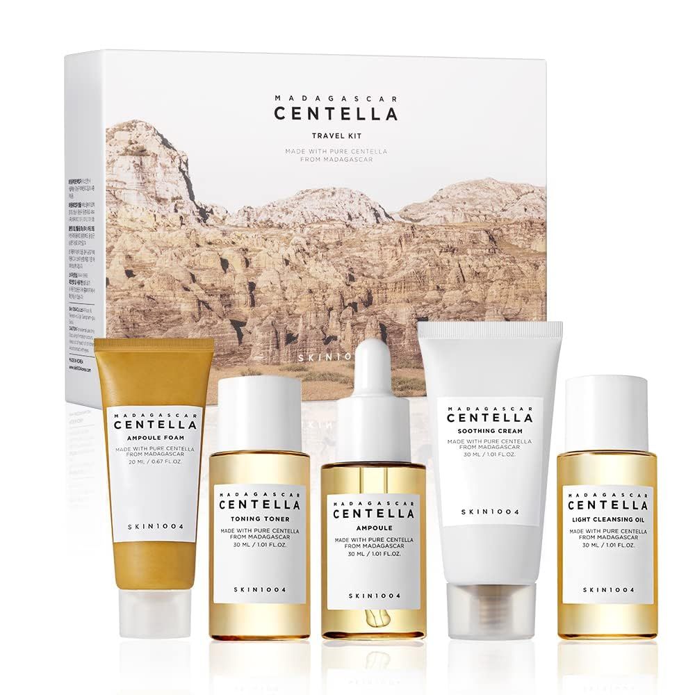 Madagascar Centella Travel Kit, Toner, Ampoule, Soothing Cream, Cleansing Oil, Ampoule Foam, Basic Skincare Box, Compact Size, Gift Sets, Mothers Day Gifts for Mom Gifts for Women, Trial Kit