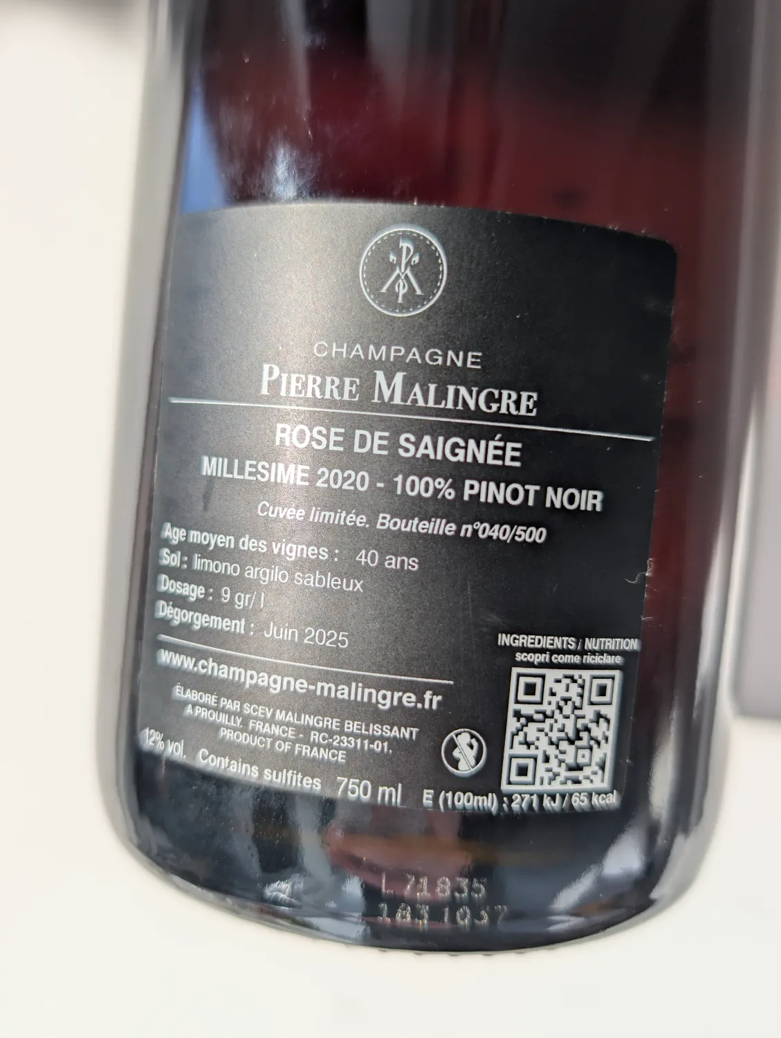 Rosé de Saignée Champagne, Éclat de Rubis Millésime 2020, Pierre Malingre