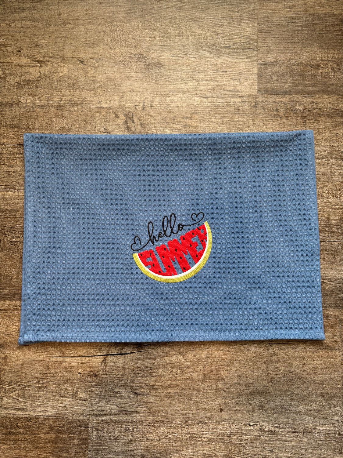 Hello Summer on Blue Waffle Towel
