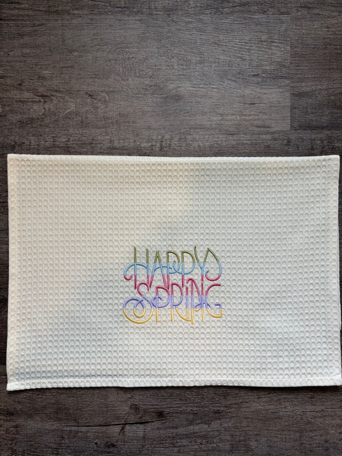 Happy Spring on Ivory Waffle Towel