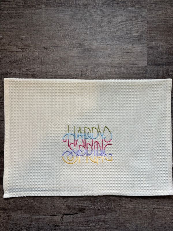 Happy Spring on Ivory Waffle Towel