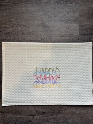 Happy Spring on Ivory Waffle Towel