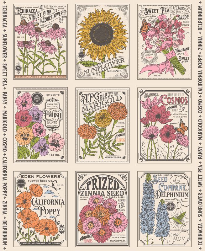 My Secret Garden Vintage Seed Packet Panel Cloud