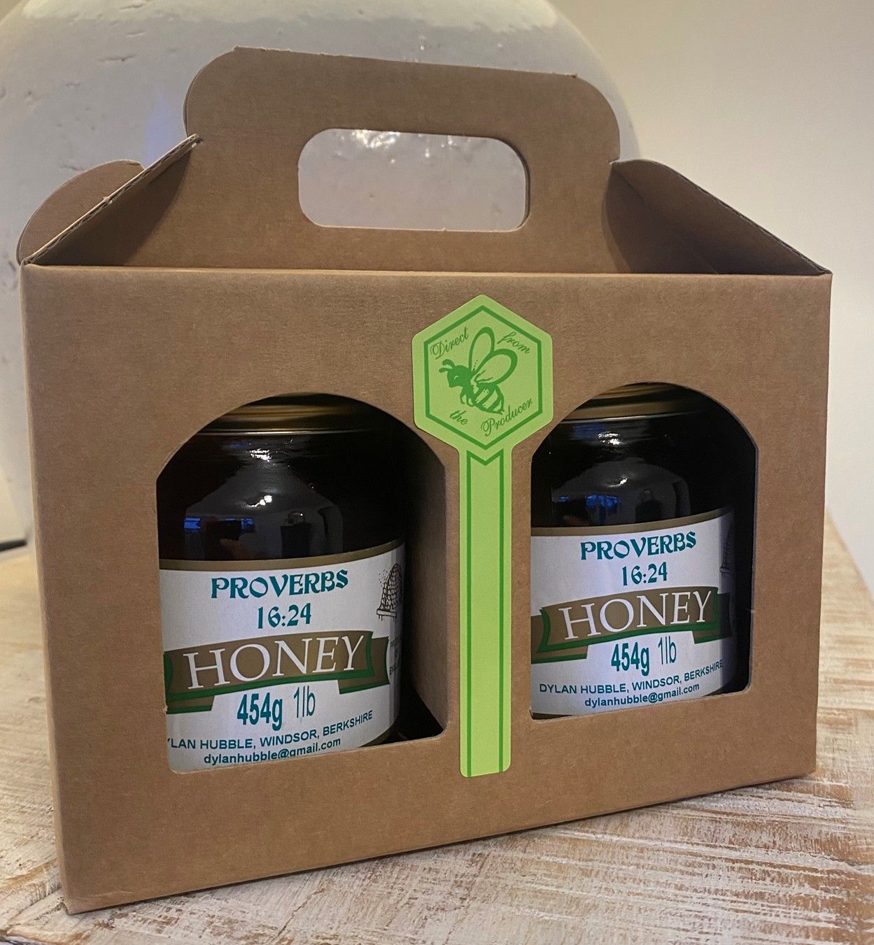 Set of 2 x 1lb jars of &quot;Proverbs 16:24&quot; Honey in sustainable gift box.