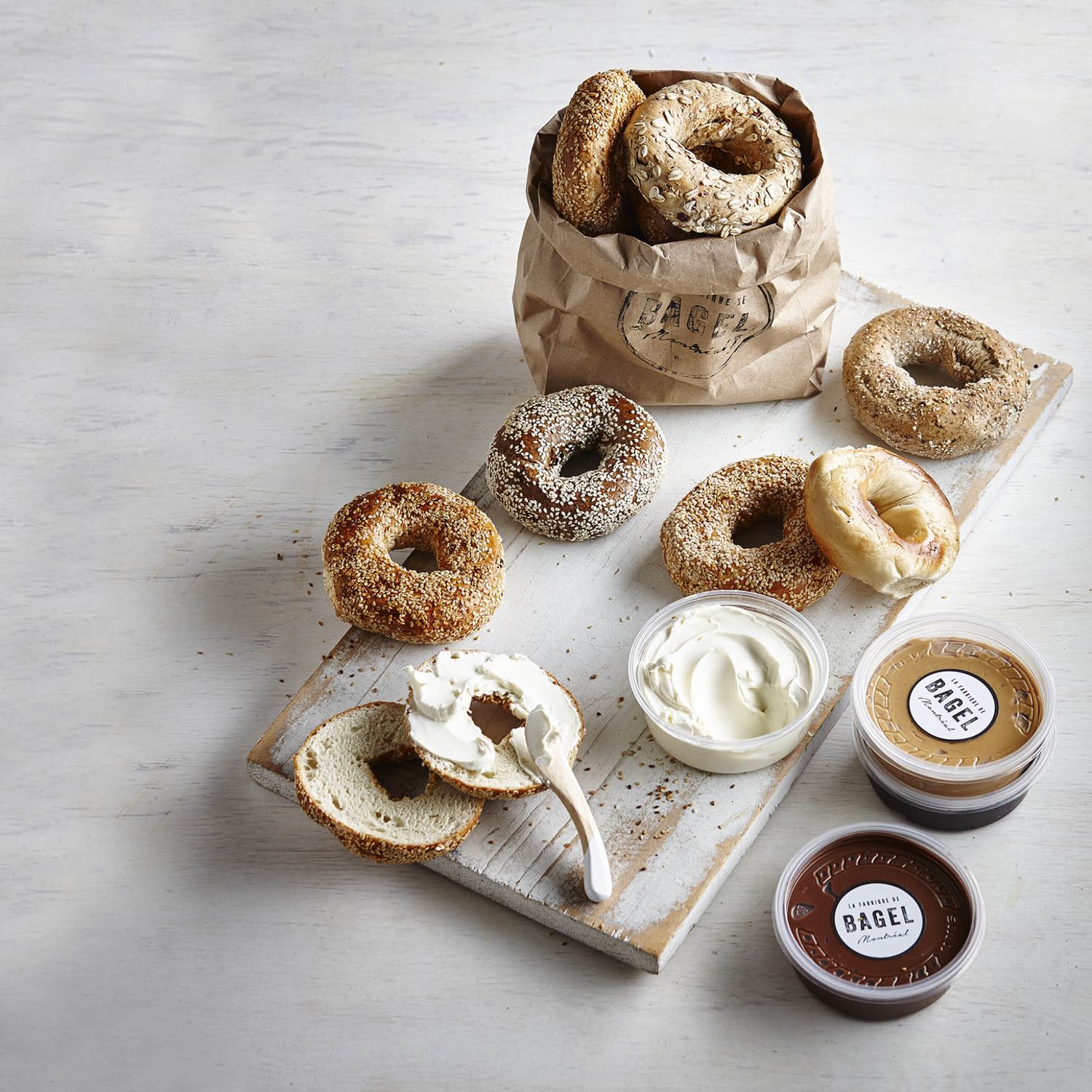platter of bagels and spreads